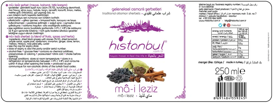 histanbul mâ-i lezîz sherbet 250 ml label: ingredients and nutrition per 100 ml