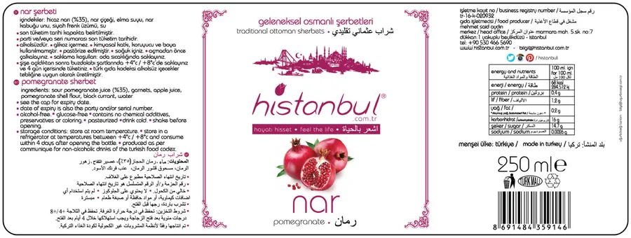 histanbul pomegranate sherbet 250 ml label: ingredients and nutrition per 100 ml