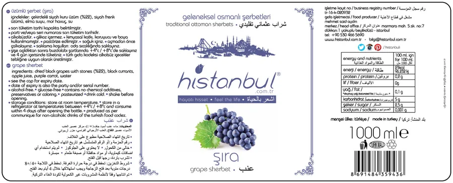 histanbul grape sherbet (şıra) sherbet 1 l label: ingredients and nutrition per 100 ml